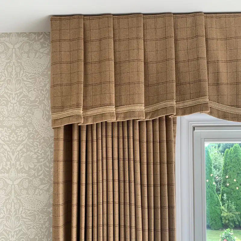 Custom tan plaid box-pleat valance and drapery by Ash Street Upholstery, Springfield, IL window treatment specialists
