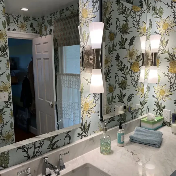 Custom floral wallpaper and marble vanity bathroom design by AFAR Imports & Interiors, Springfield, IL