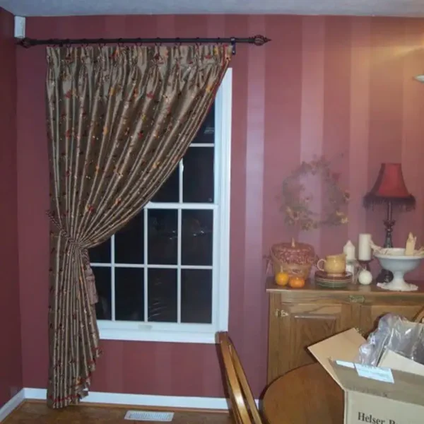 Custom embroidered draperies with tieback by Ash Street Upholstery, Springfield, IL window treatment design