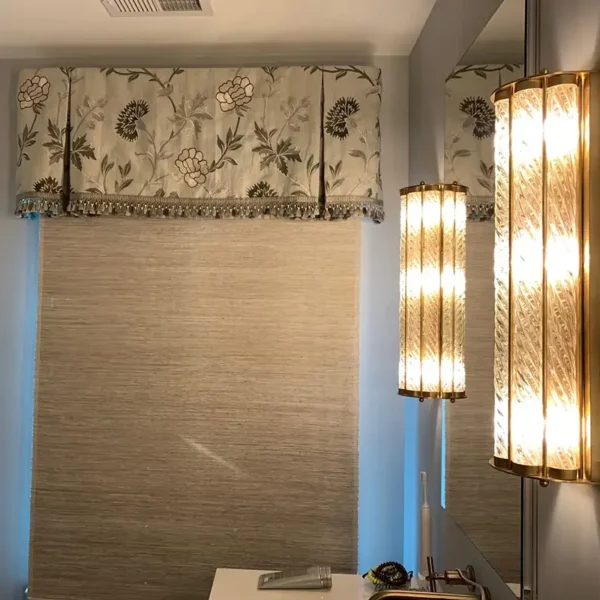 Bathroom interior design with custom floral cornice valance with beaded trim over woven wood shade by AFAR Imports & Interiors, Springfield, IL