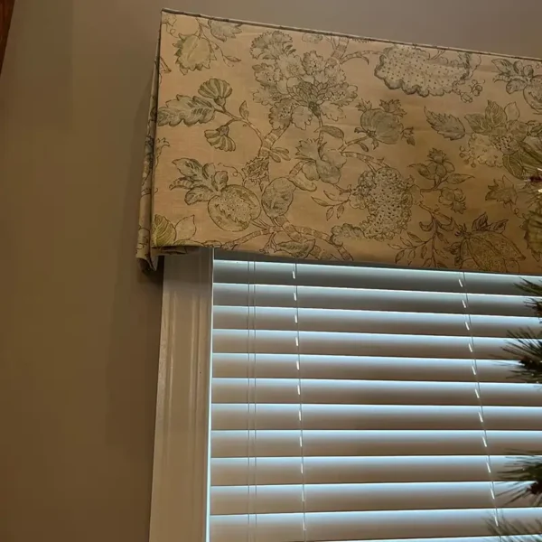 Custom floral pleated valance over wood blinds by AFAR Imports & Interiors, Springfield, IL window treatment design