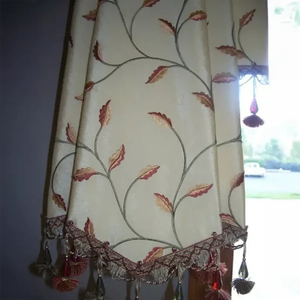 Custom tasseled leaf-pattern drapery panel by Ash Street Upholstery, Springfield, IL window treatment design