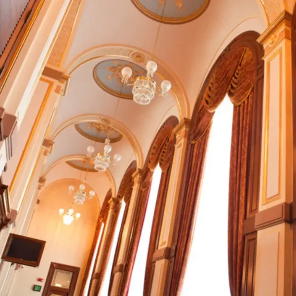 Historic Springfield, IL arched hallway with custom draperies and valances for commercial building in Springfield, IL