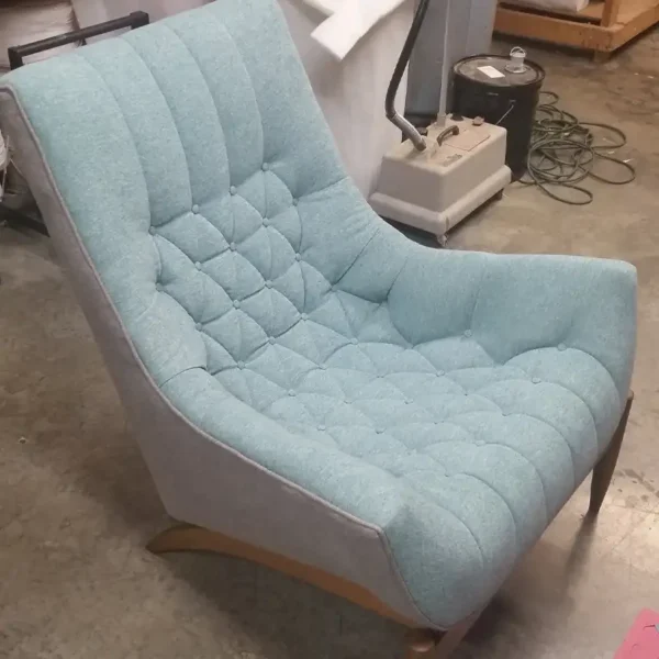 Mid-century tufted lounge chair reupholstered in teal fabric by Ash Street Upholstery, Springfield, IL