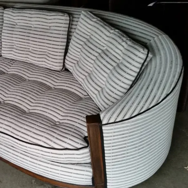 Custom curved striped sofa reupholstery by Ash Street Upholstery, Springfield, IL furniture restoration
