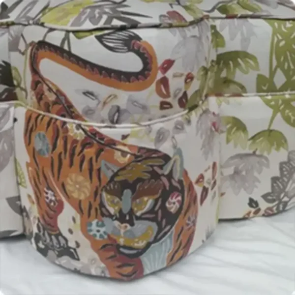 Custom tiger and floral print upholstered ottoman by Ash Street Upholstery, Springfield, IL
