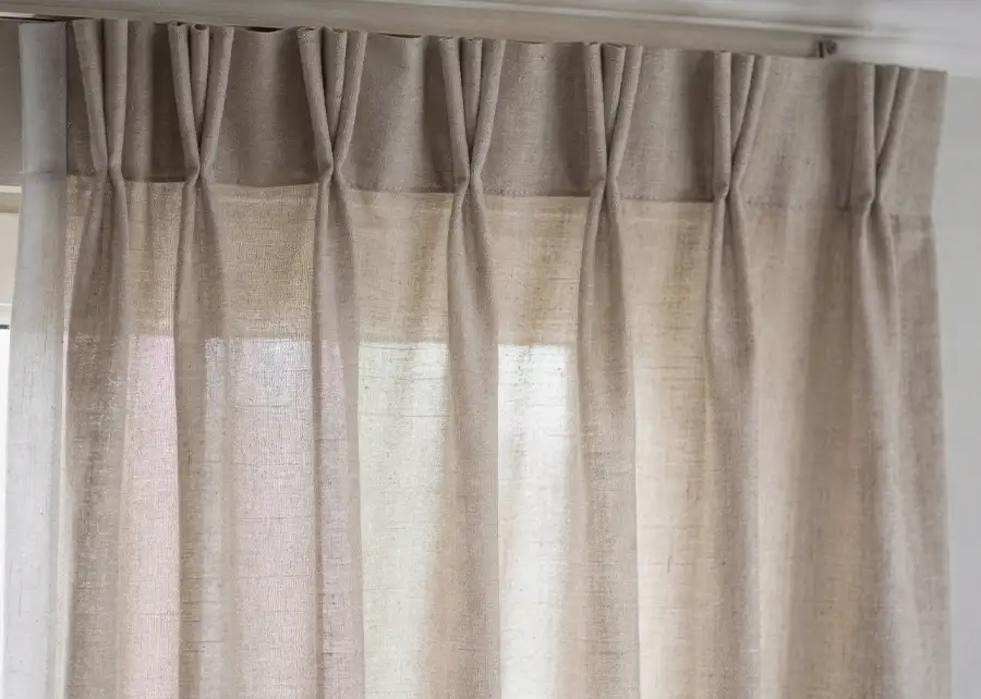 Custom pinch-pleat linen drapery detail by Ash Street Upholstery, Springfield, IL window treatment design