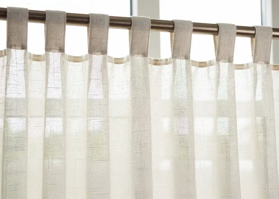 Custom tab-top linen sheer drapery detail by Ash Street Upholstery in Springfield, IL window treatment design