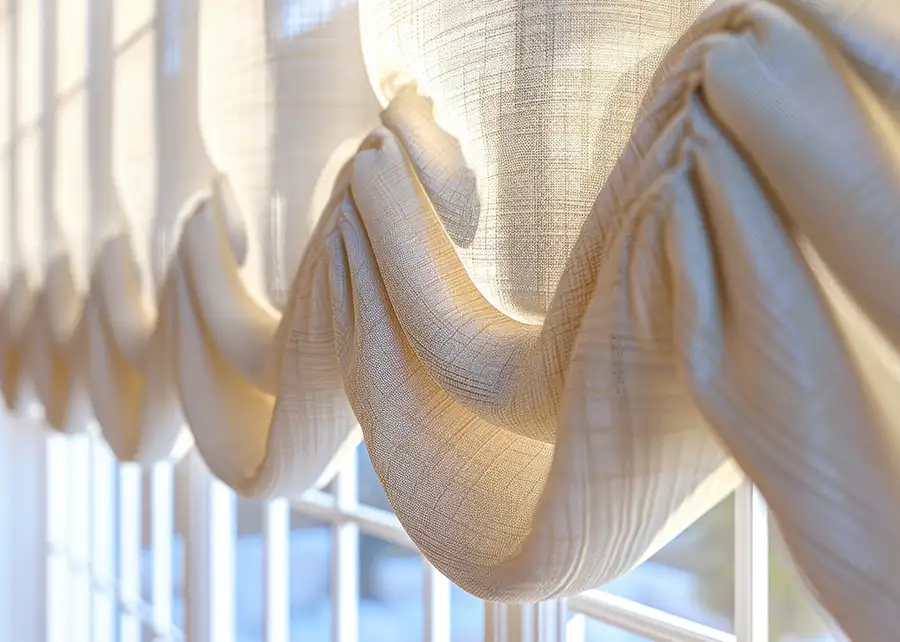 Custom Specialty Pleat Style draperies in linen fabric by Ash Street Upholstery in Springfield, IL window treatment design