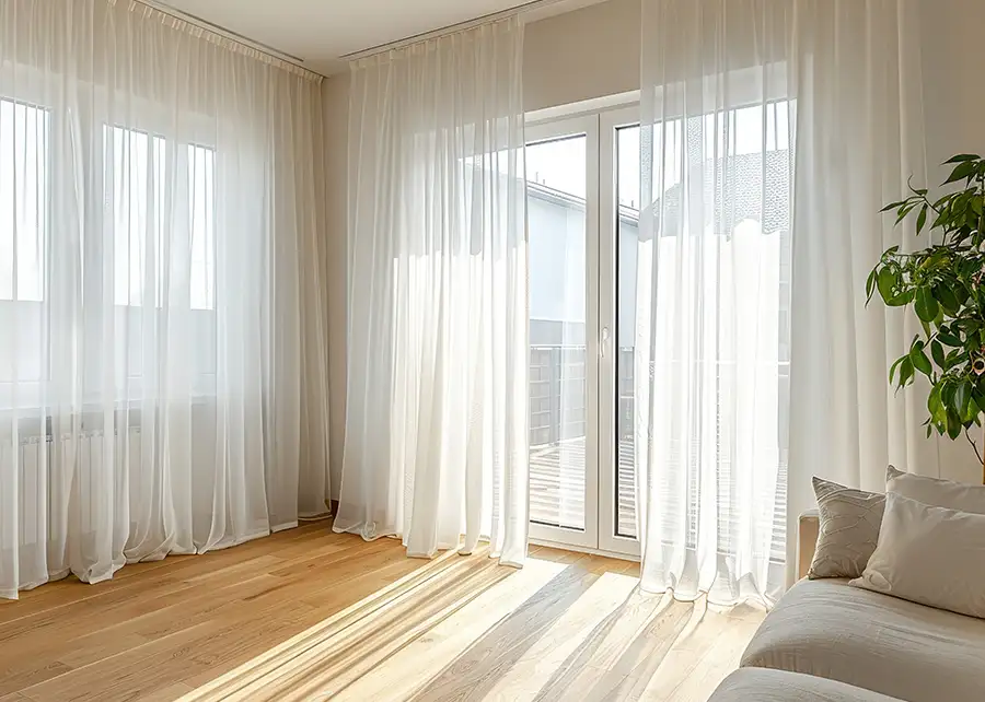 Custom sheer white draperies in sunlit living room by Ash Street Upholstery in Springfield, IL