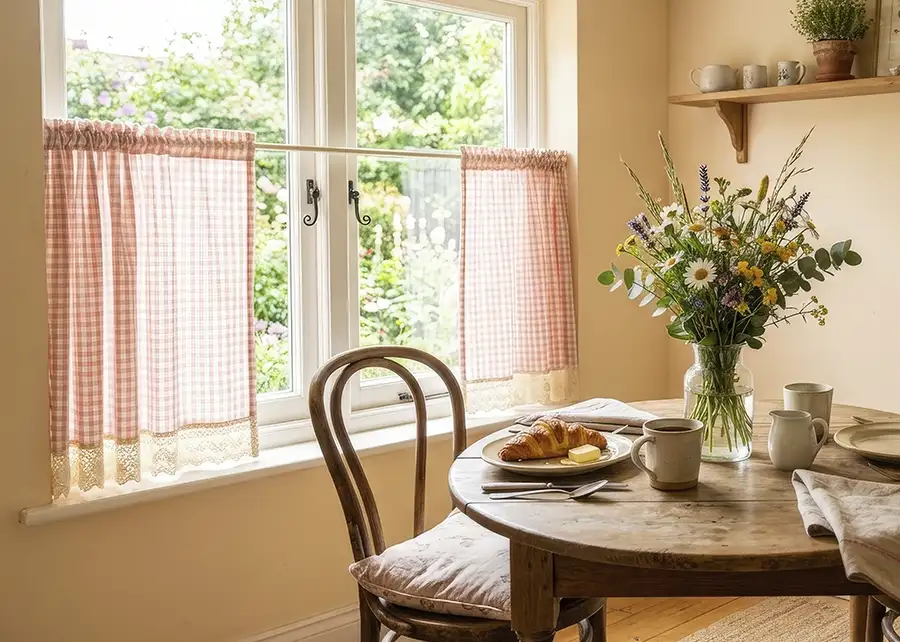 Custom pink gingham cafe curtains with lace trim by Ash Street Upholstery in Springfield, IL kitchen window treatment