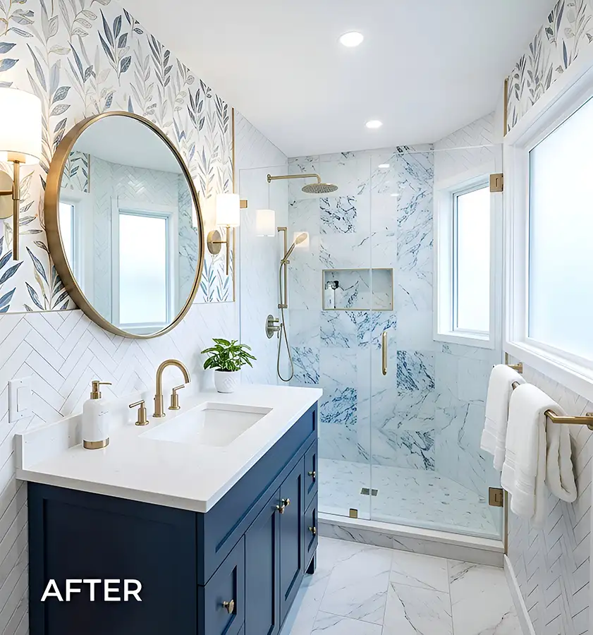 After photo of renovated bathroom with marble shower and navy vanity by AFAR Imports & Interiors, Springfield, IL