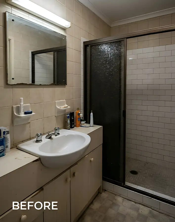 Before photo of dated bathroom prior to renovation by AFAR Imports & Interiors, Springfield, IL