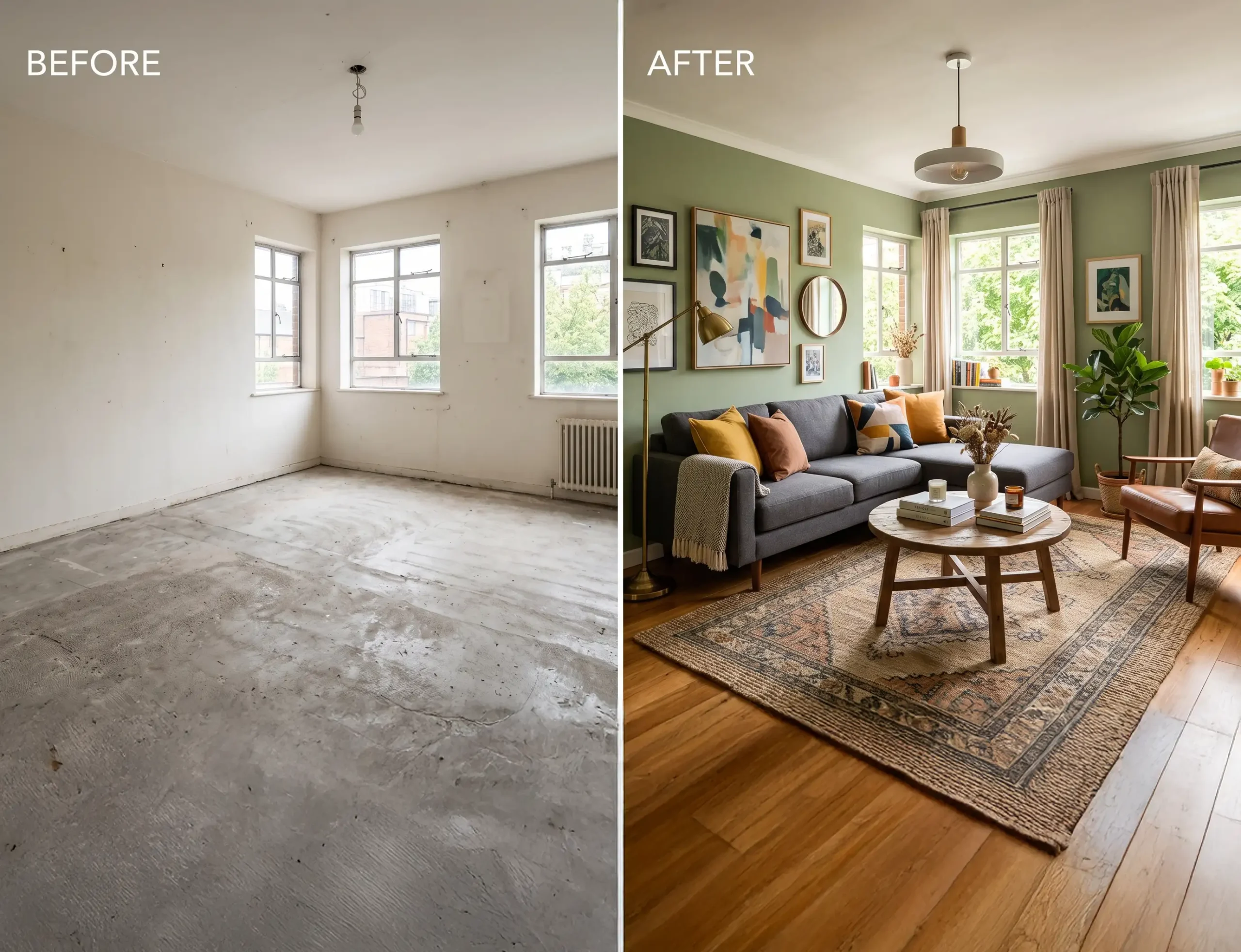 Before and after living room transformation by AFAR Imports & Interiors, Springfield, IL interior design services