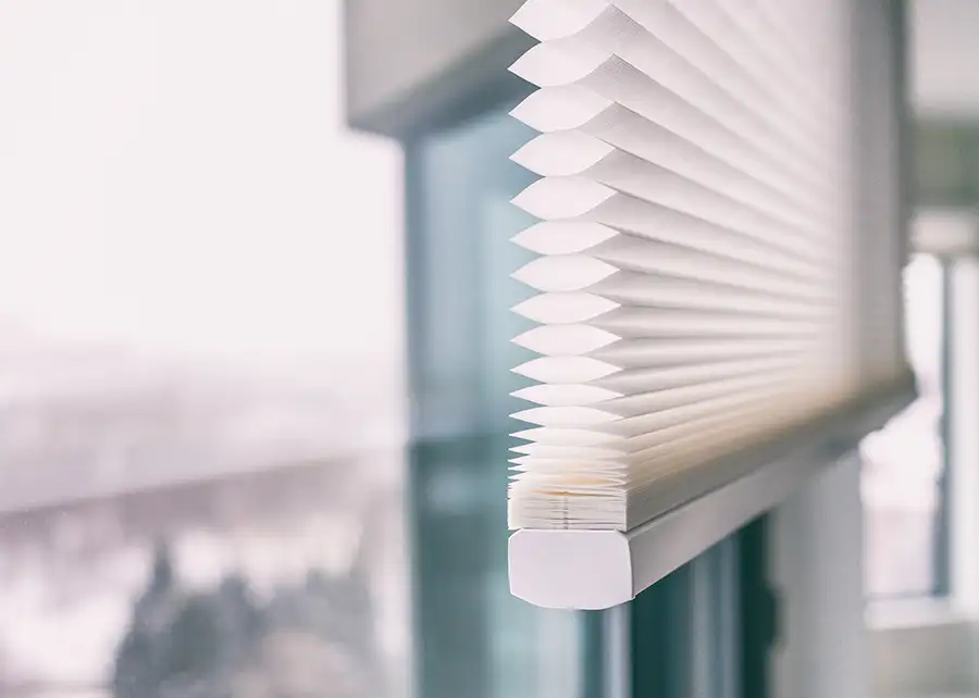 Custom white honeycomb cellular shade by Ash Street Upholstery in Springfield, IL window treatment design