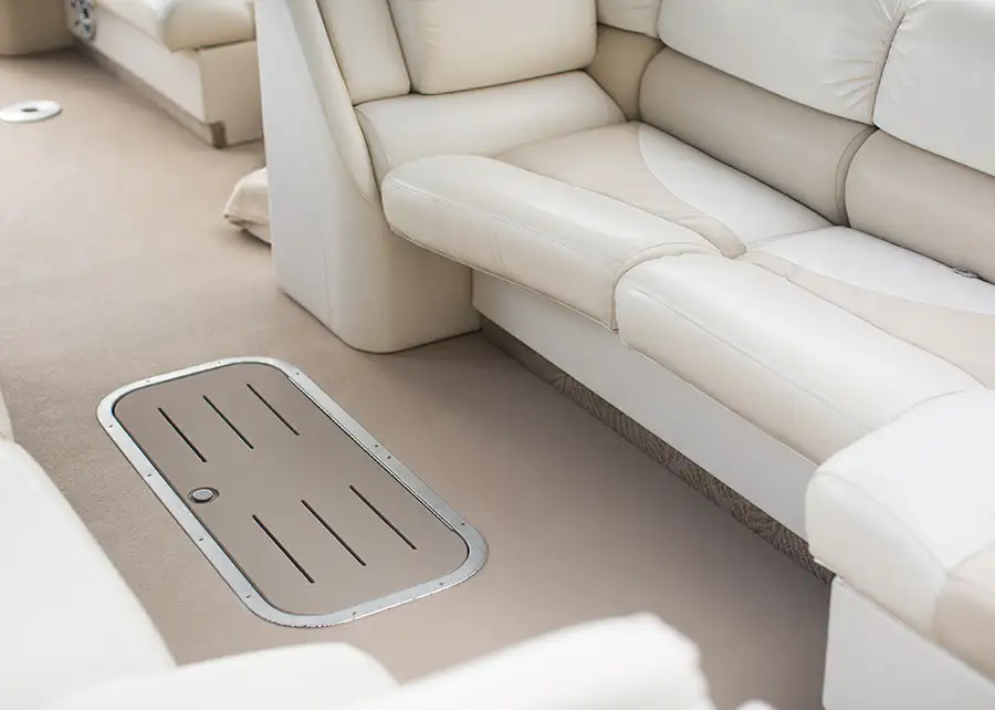 Custom marine-grade upholstery by Ash Street Upholstery for boat and pontoon seating, serving Springfield IL clients alongside AFAR Imports & Interiors