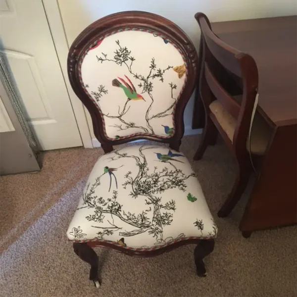 custom upholstered chair with floral, bird pattern - by Ash Street Upholstery, Springfield, IL
