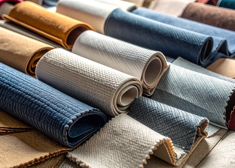 Collection of Rolled Fabric Samples in Various Textures and Colors